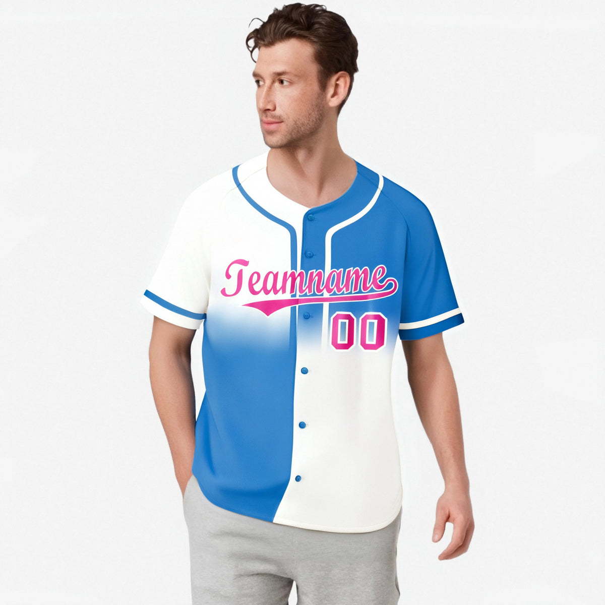 Custom Blue-White Pink Authentic Split Fashion Baseball Jersey