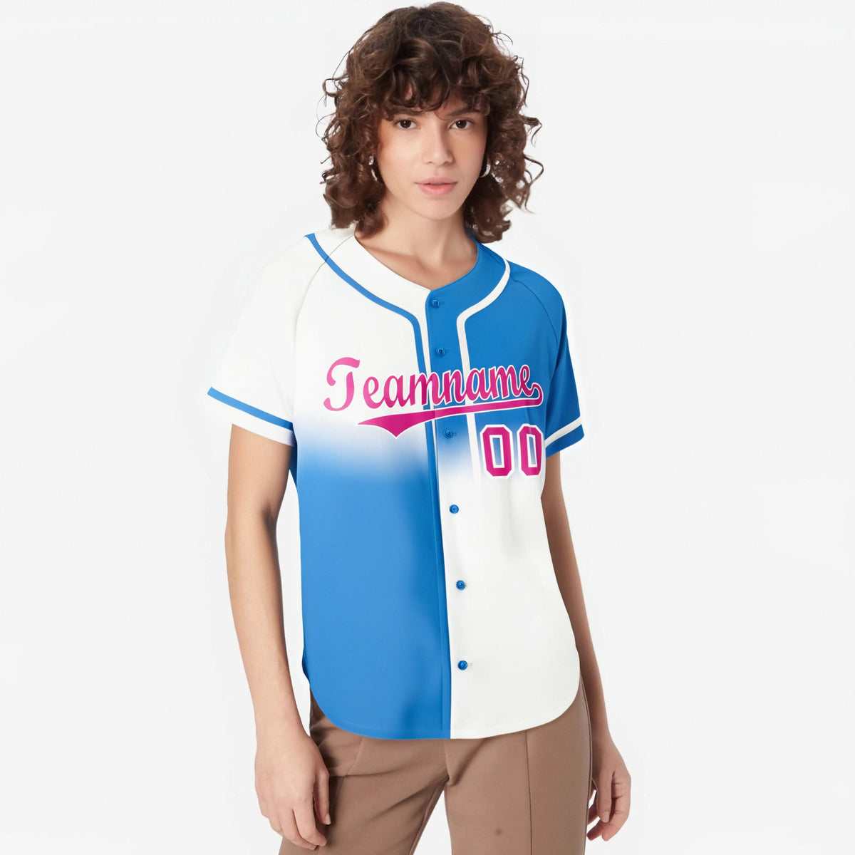 Custom Blue-White Pink Authentic Split Fashion Baseball Jersey