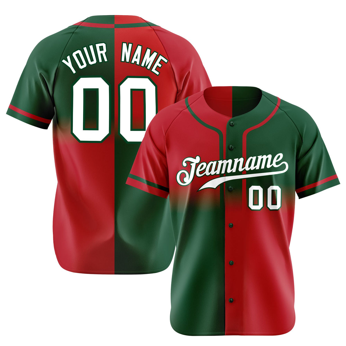 Custom Red Green White Authentic Split Fashion Baseball Jersey