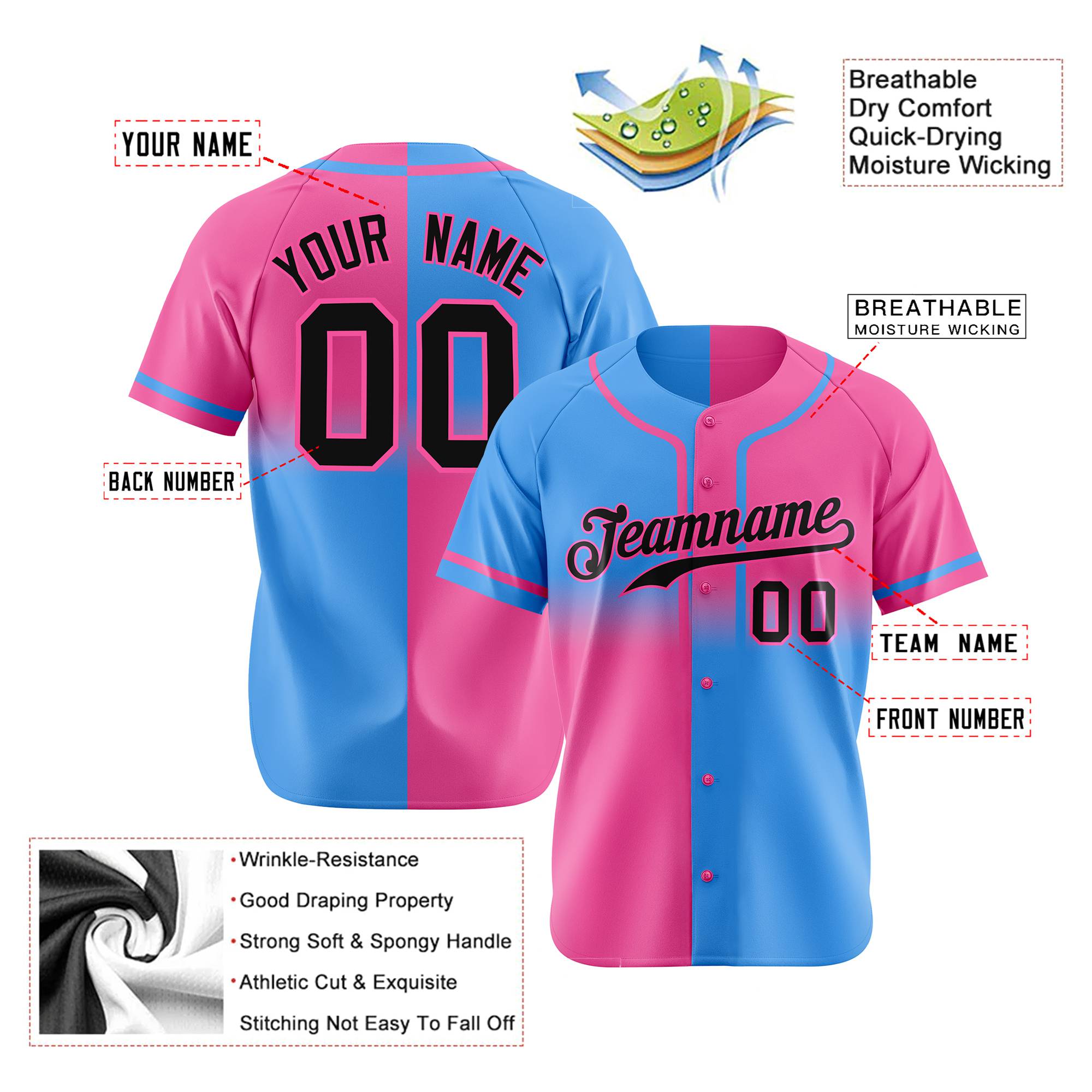 Custom Pink-Blue Black Authentic Split Fashion Baseball Jersey