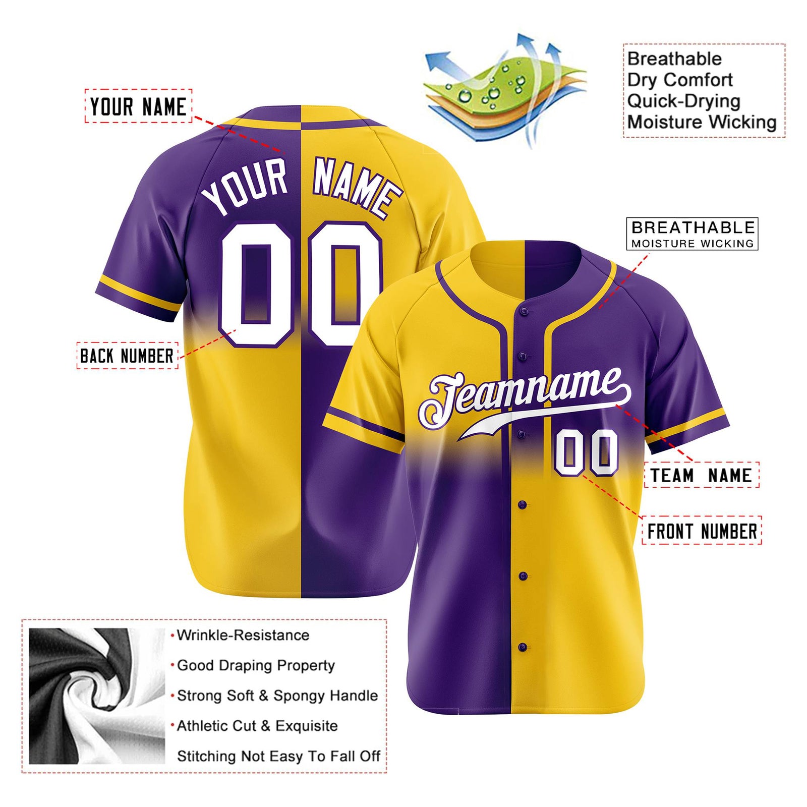 Custom Gold-Purple White Authentic Split Fashion Baseball Jersey