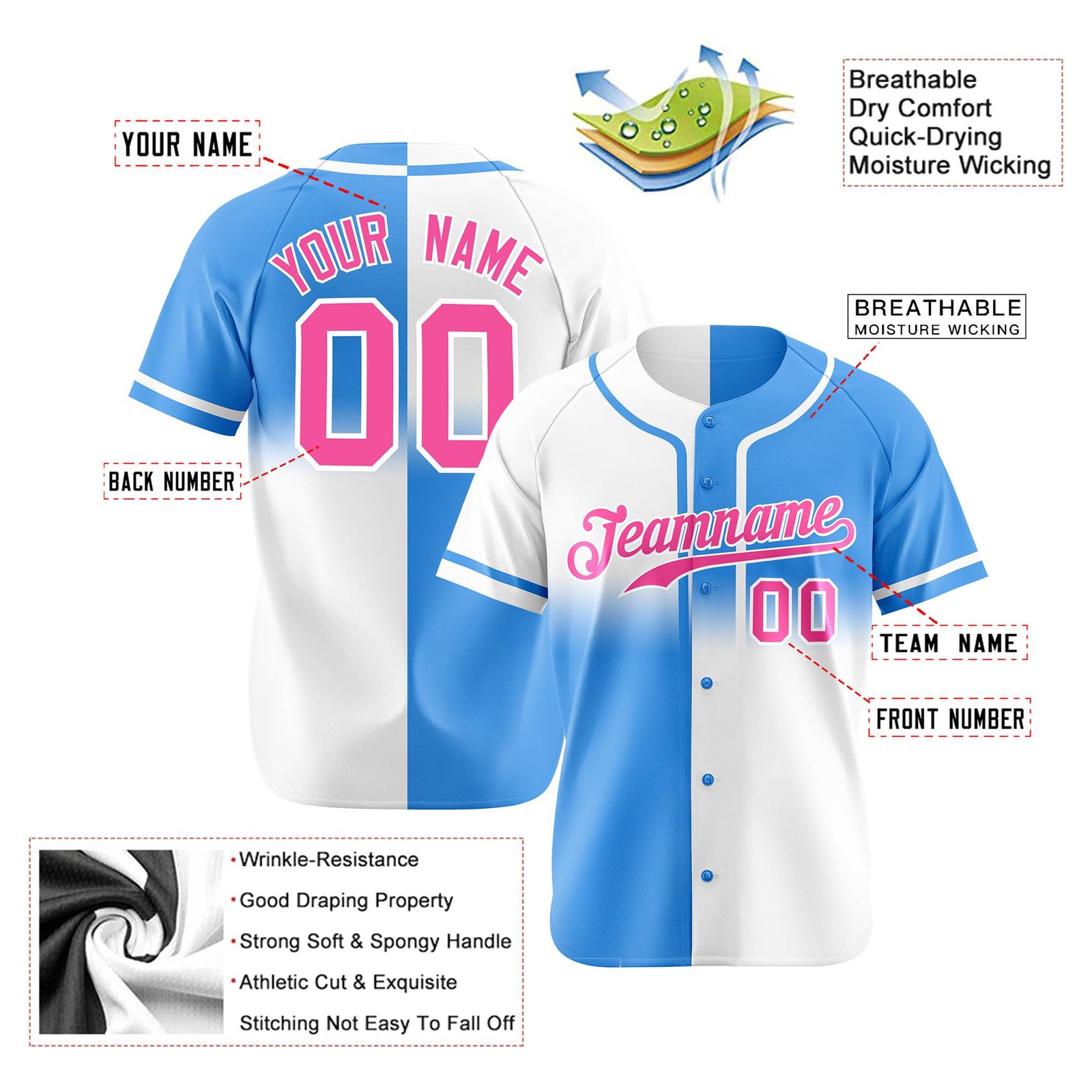 Custom Blue-White Pink Authentic Split Fashion Baseball Jersey