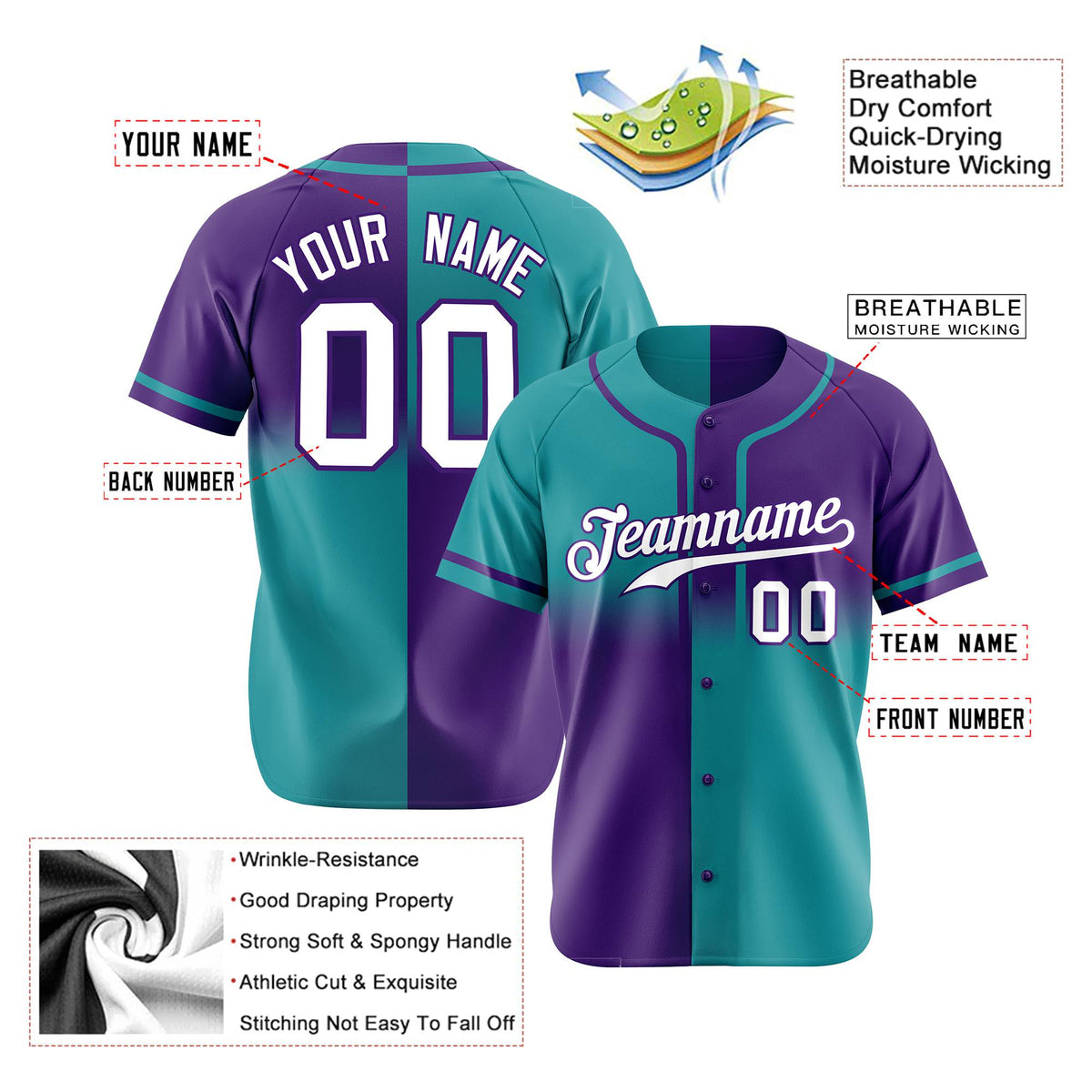 Custom Purple-Aqua Authentic Split Fashion Baseball Jersey