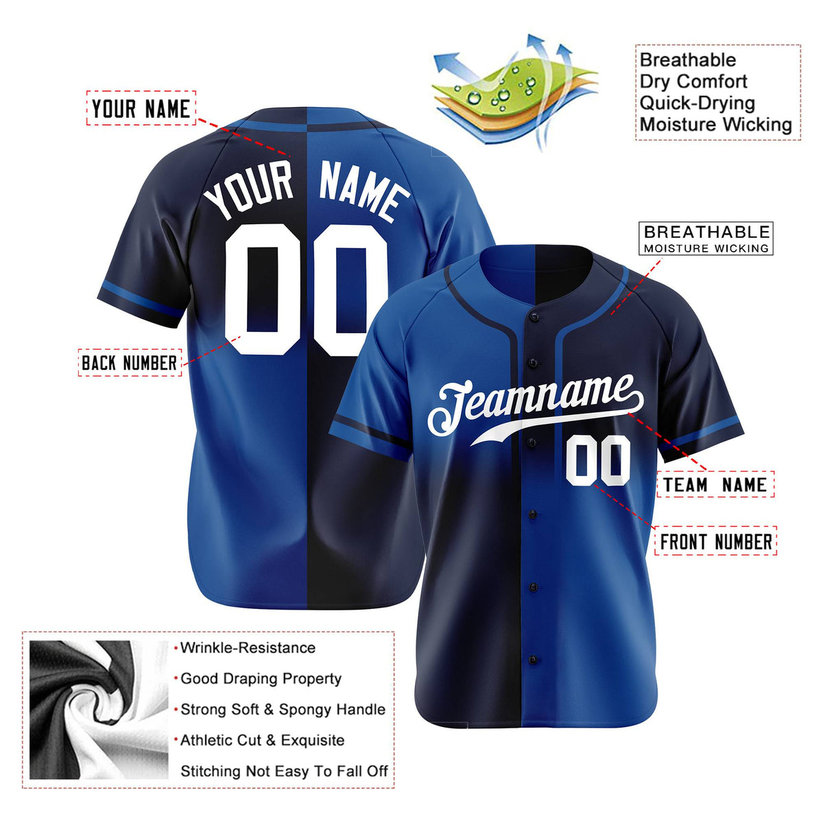 Custom Navy-Blue White Authentic Split Fashion Baseball Jersey