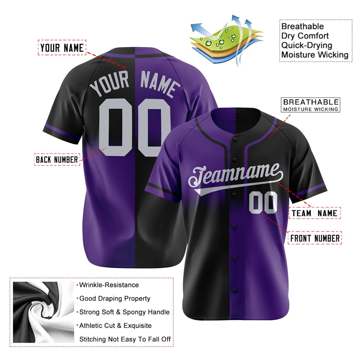 Custom Black-Purple Gray Authentic Split Fashion Baseball Jersey