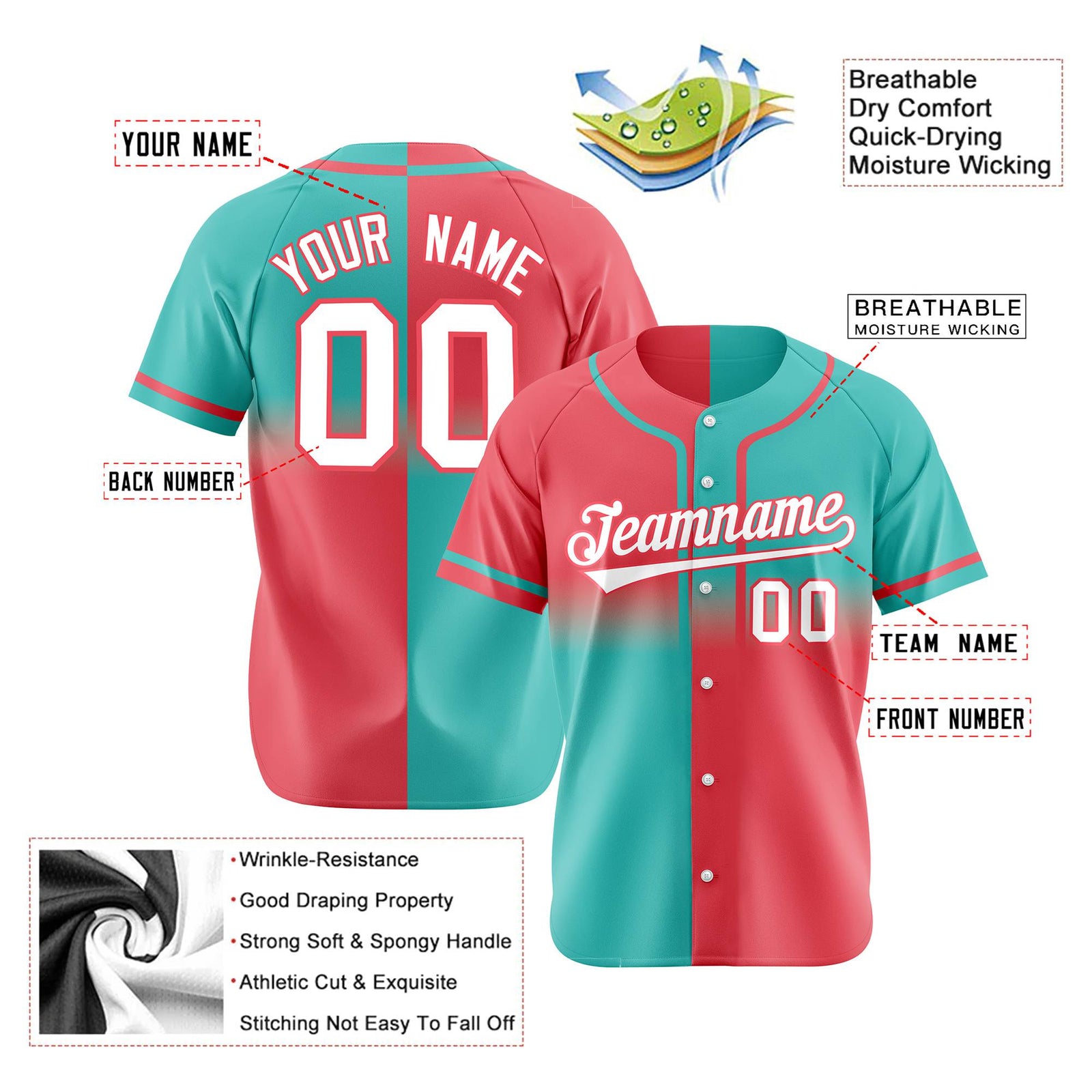Custom Bright Green-Light Red White Authentic Split Fashion Baseball Jersey