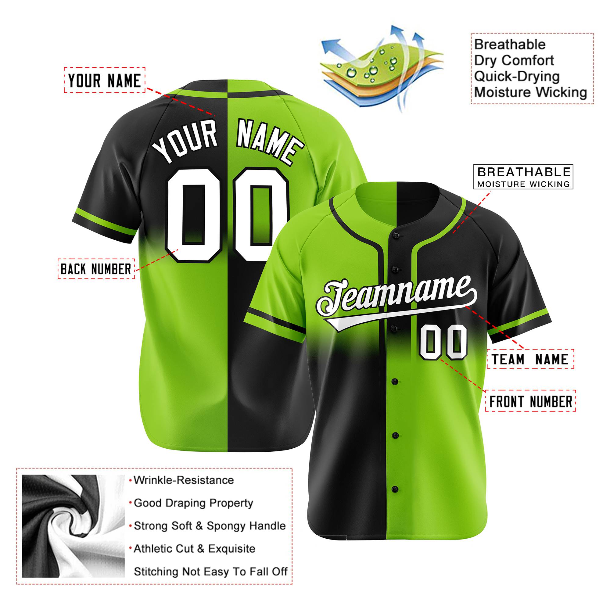 Custom Green-Black White Authentic Split Fashion Baseball Jersey