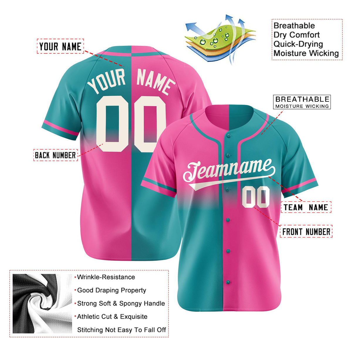 Custom Pink-Aqua Authentic Split Fashion Baseball Jersey