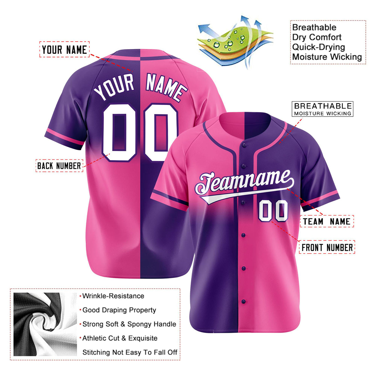 Custom Pink-Purple White Authentic Split Fashion Baseball Jersey