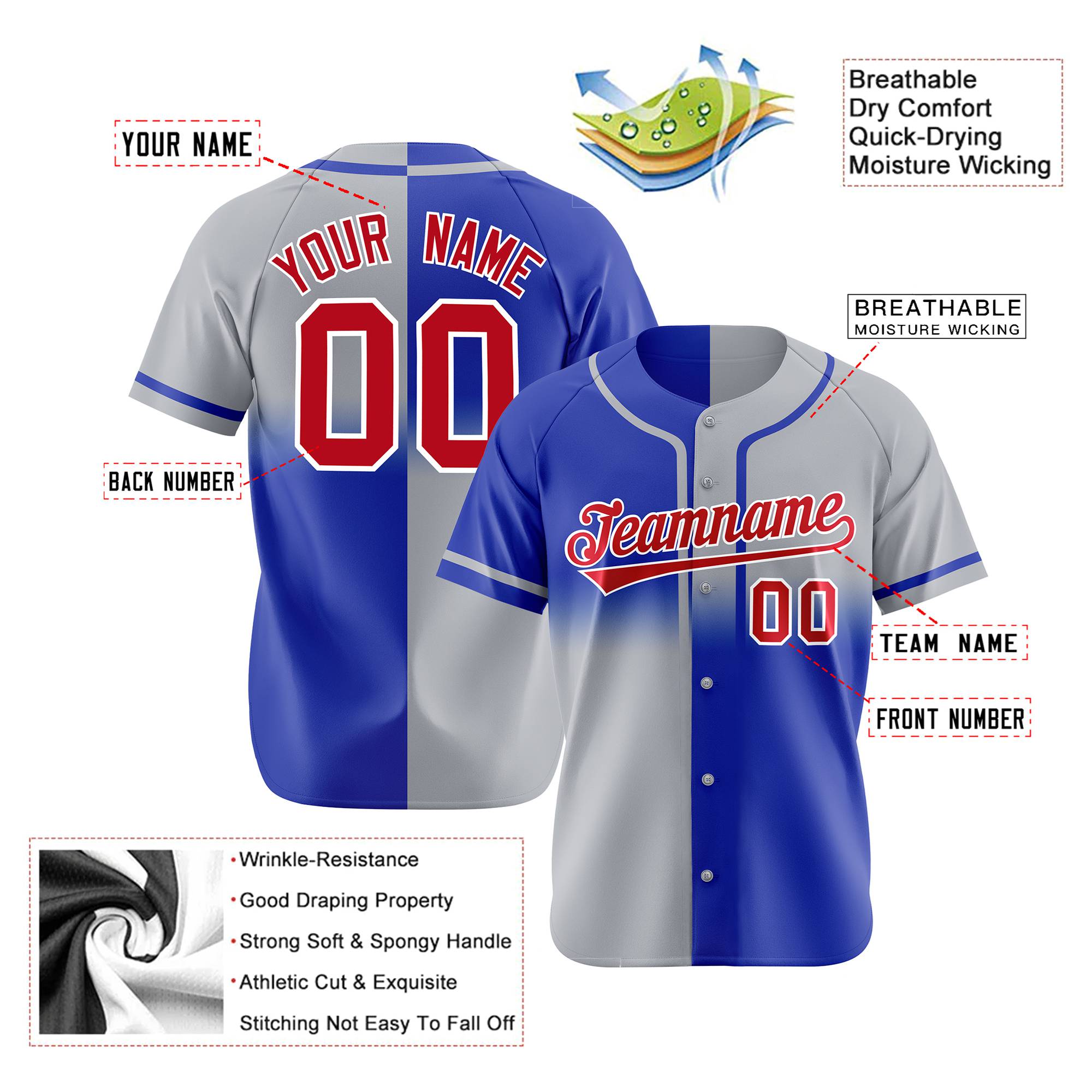 Custom Gray-Royal Blue White Authentic Split Fashion Baseball Jersey