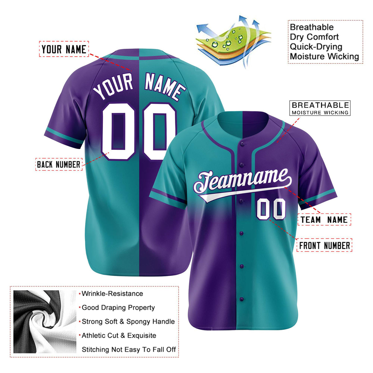 Custom Purple-Aqua Authentic Split Fashion Baseball Jersey