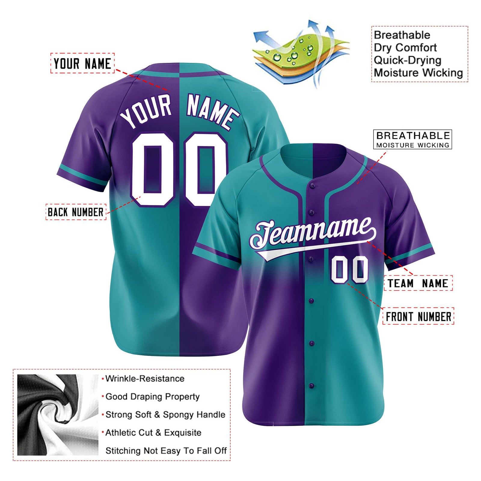 Custom Purple-Aqua Authentic Split Fashion Baseball Jersey