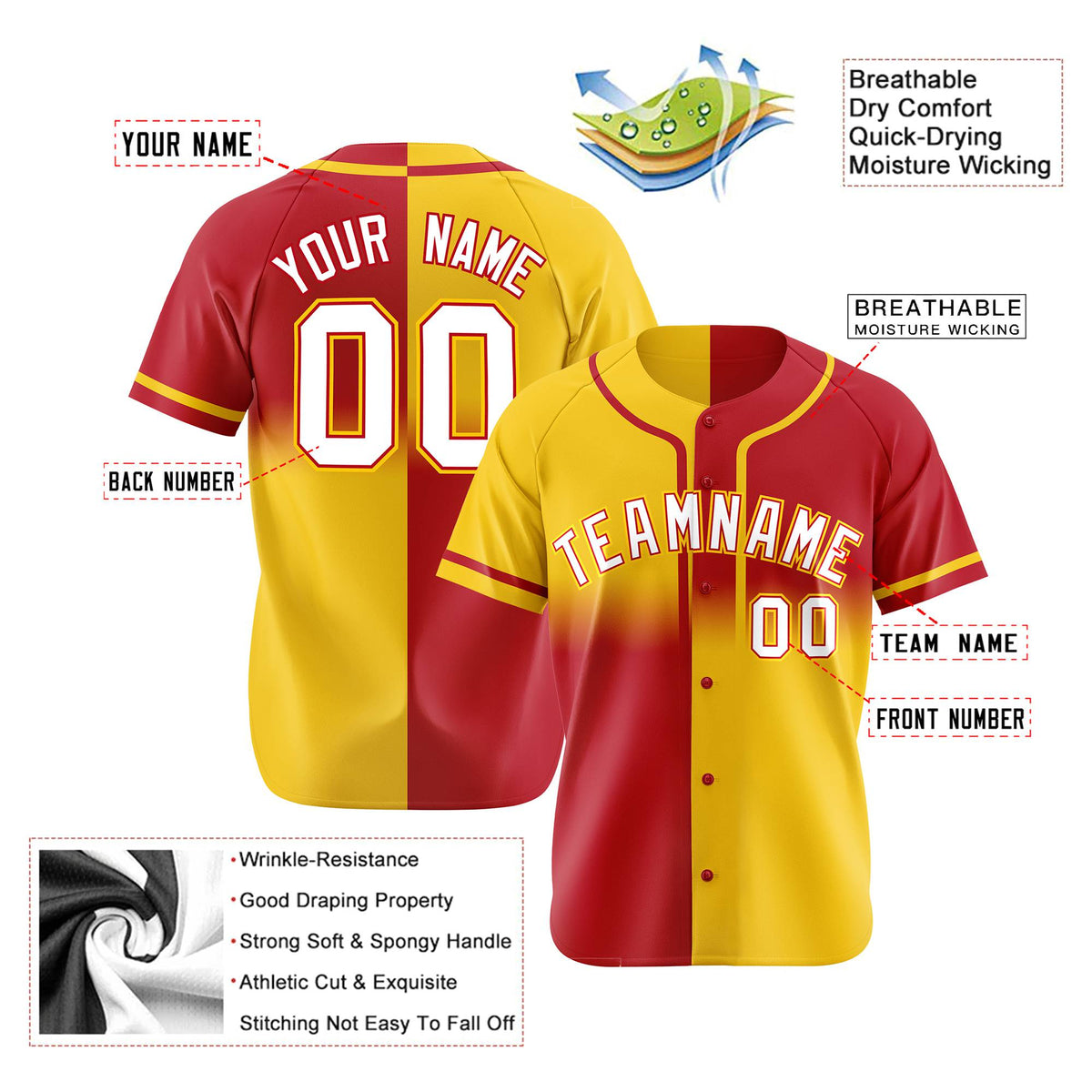 Custom Gold-Red White Authentic Split Fashion Baseball Jersey