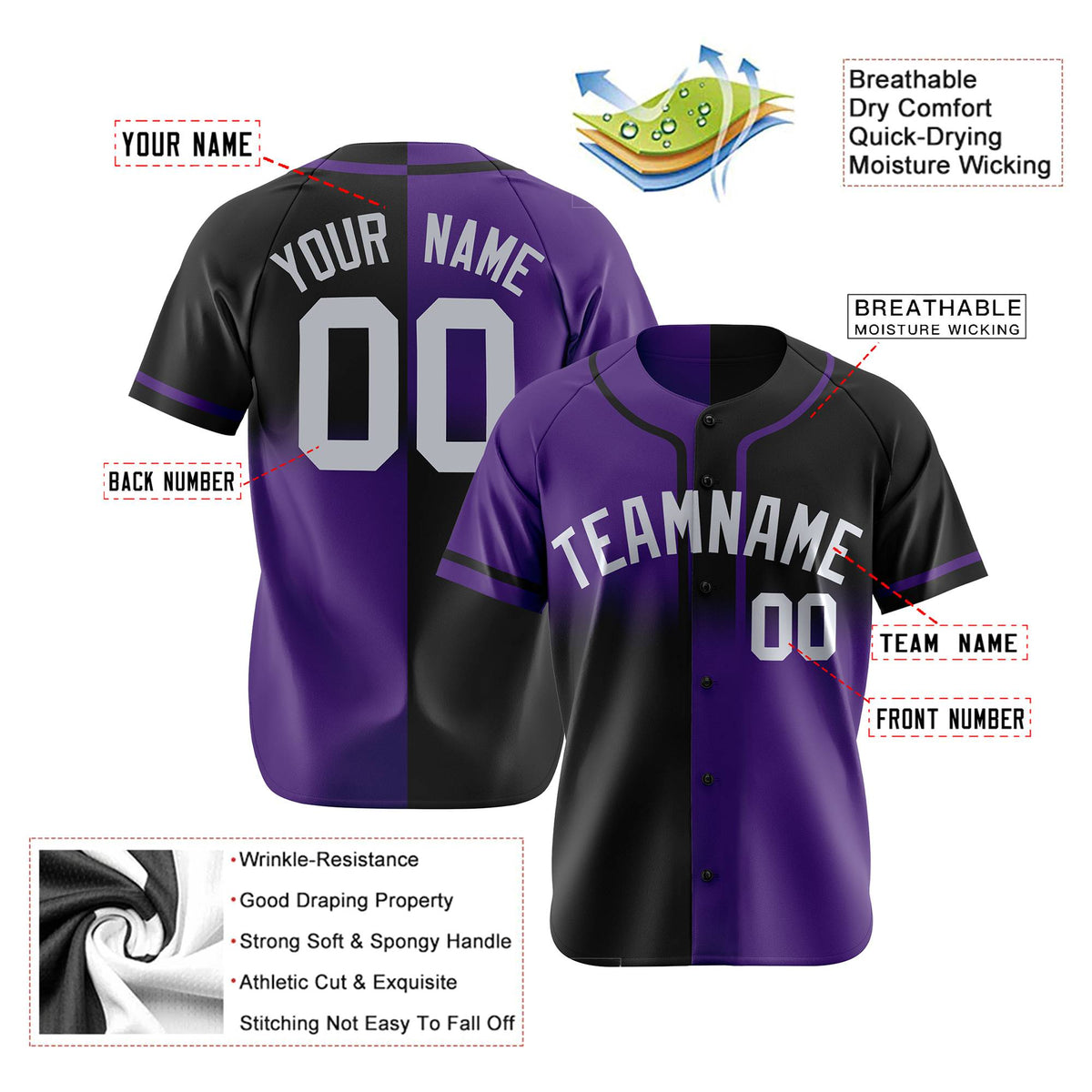 Custom Black-Purple Gray Authentic Split Fashion Baseball Jersey