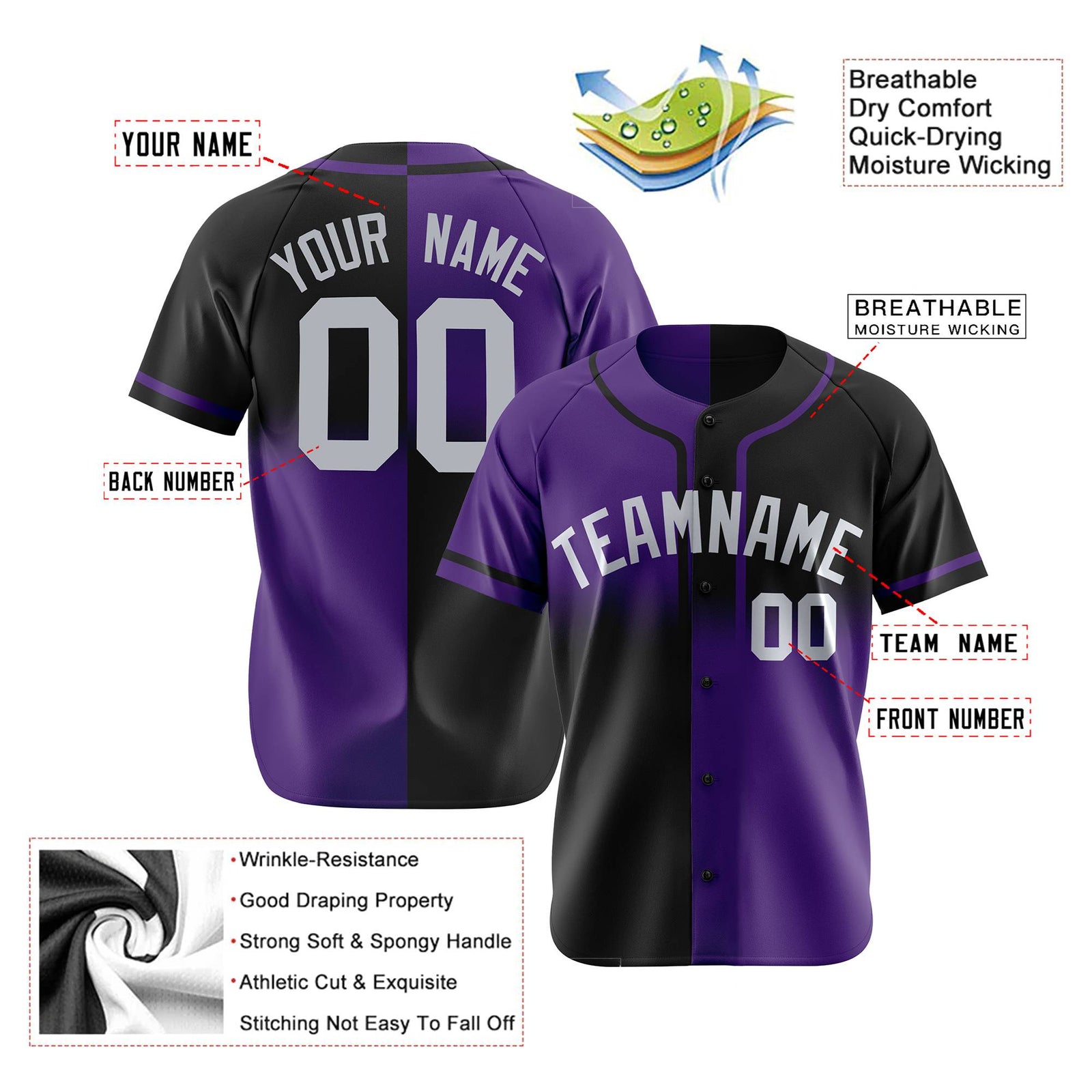 Custom Black-Purple Gray Authentic Split Fashion Baseball Jersey