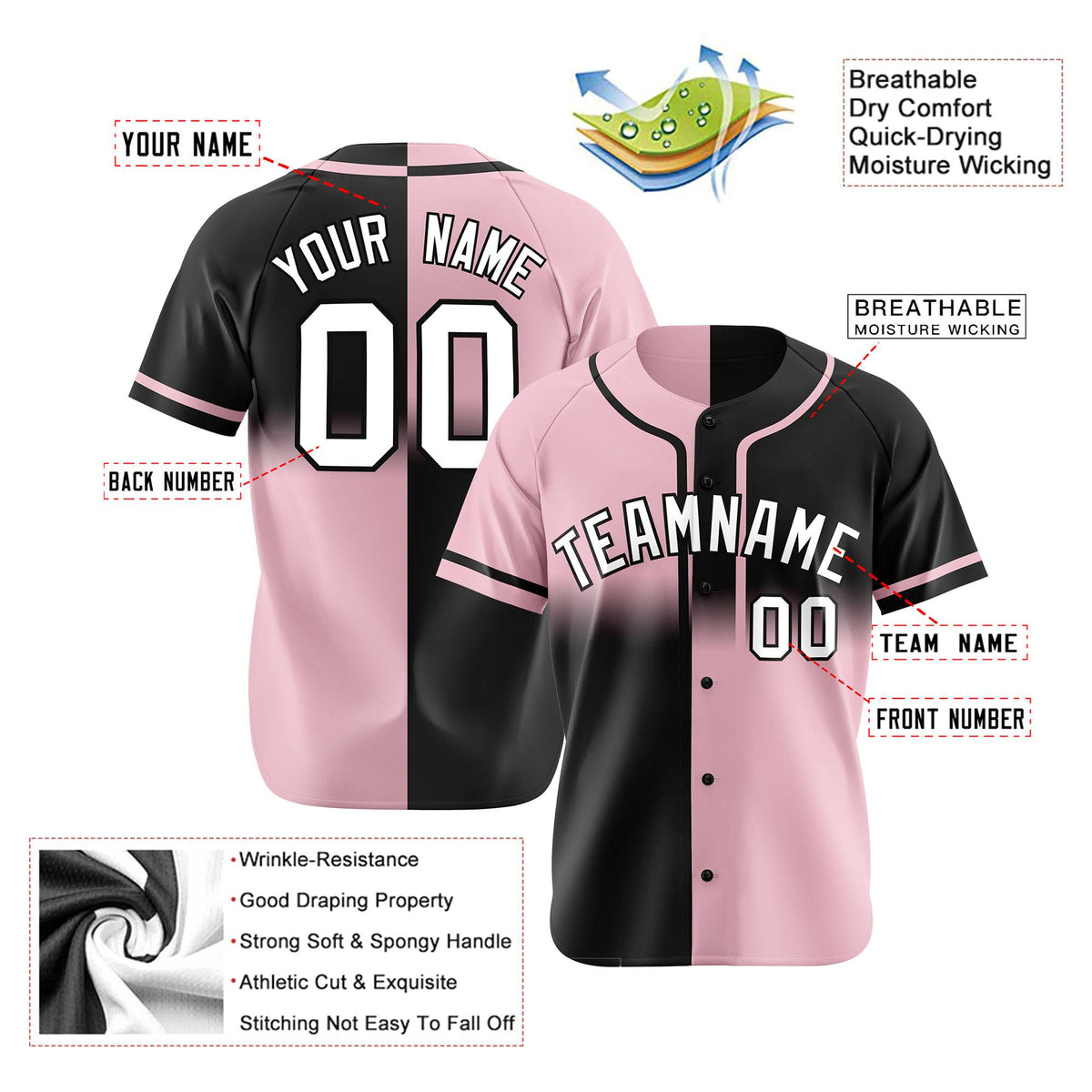 Custom Pink-Black White Authentic Split Fashion Baseball Jersey