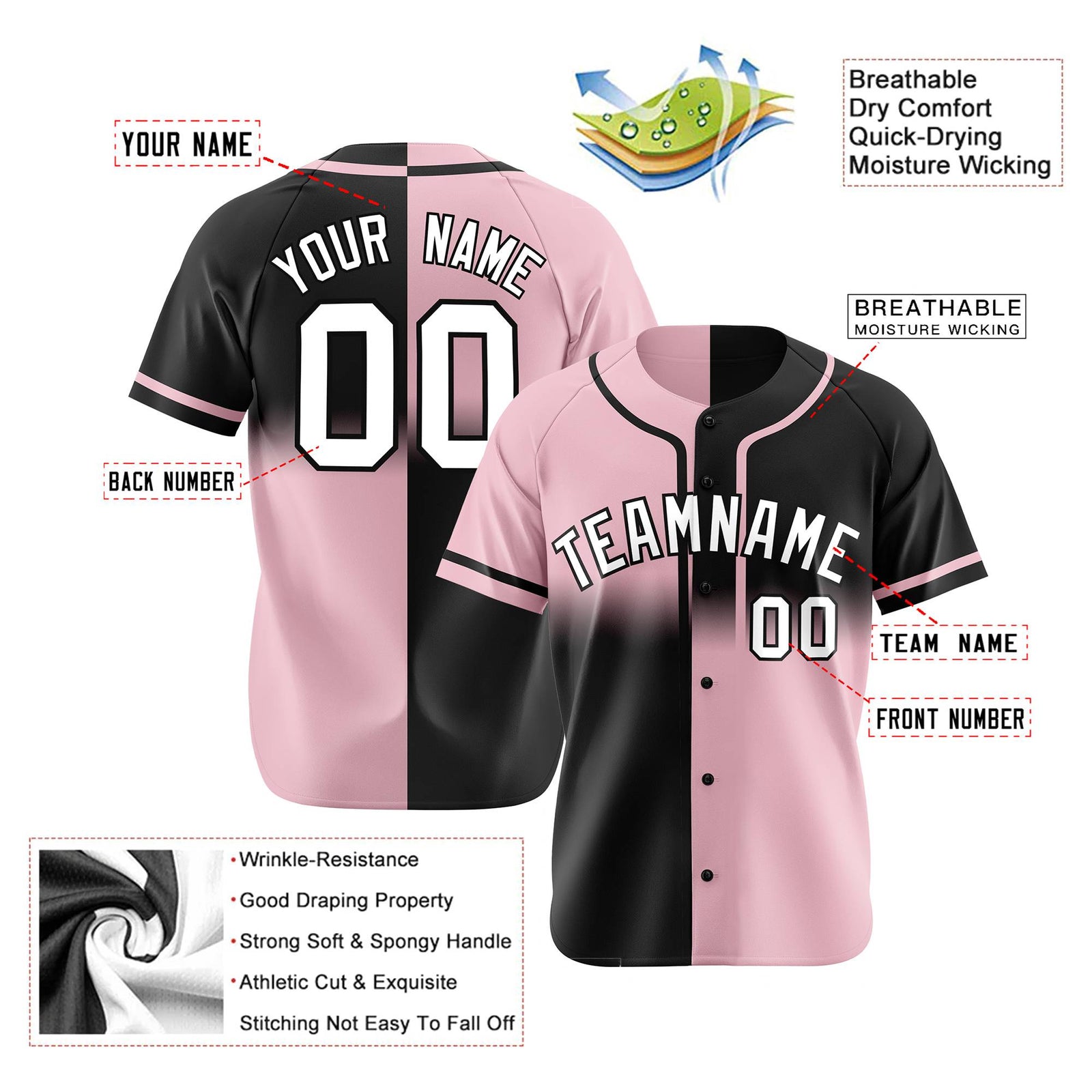 Custom Pink-Black White Authentic Split Fashion Baseball Jersey