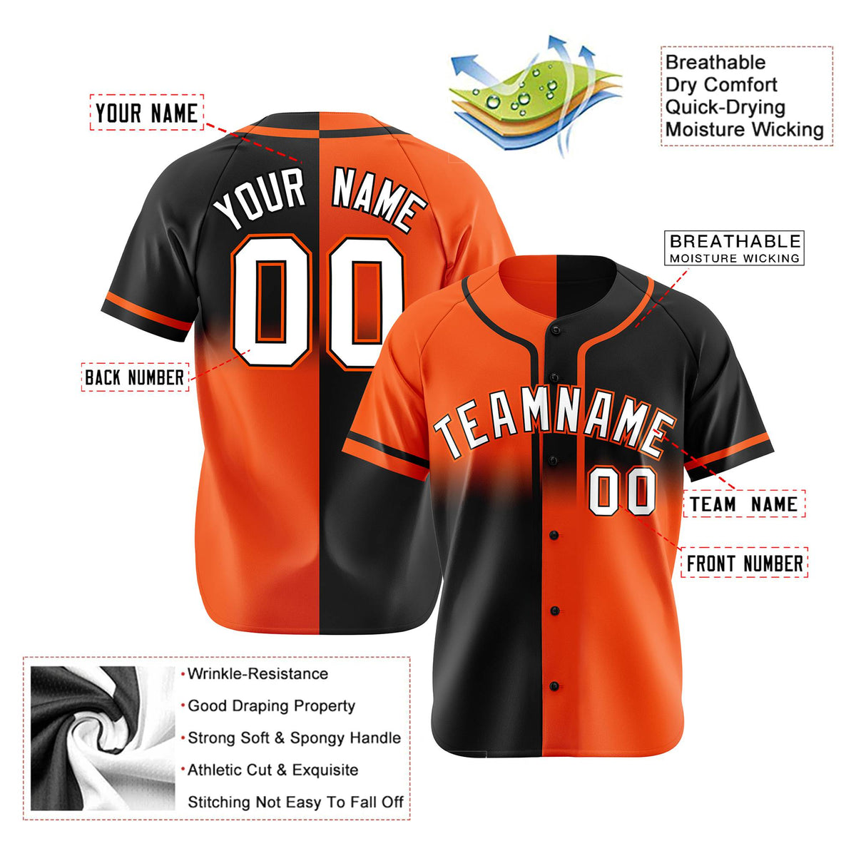 Custom Orange-Black White Authentic Split Fashion Baseball Jersey