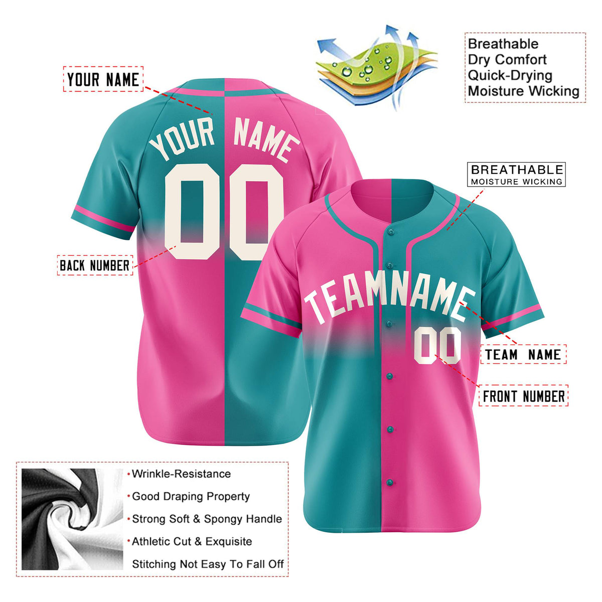 Custom Pink-Aqua Authentic Split Fashion Baseball Jersey