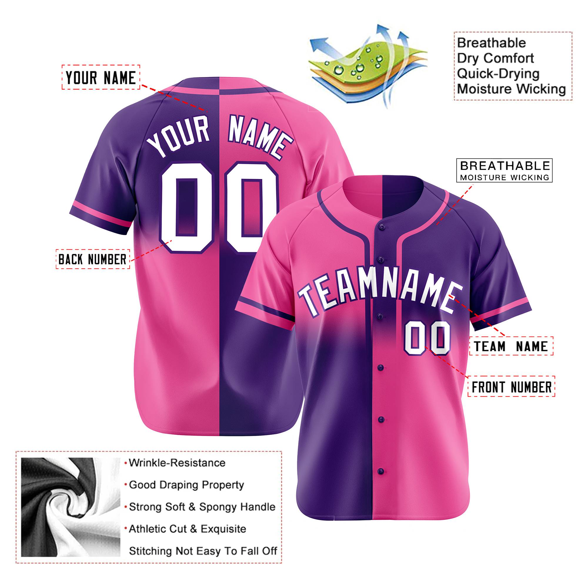 Custom Pink-Purple White Authentic Split Fashion Baseball Jersey