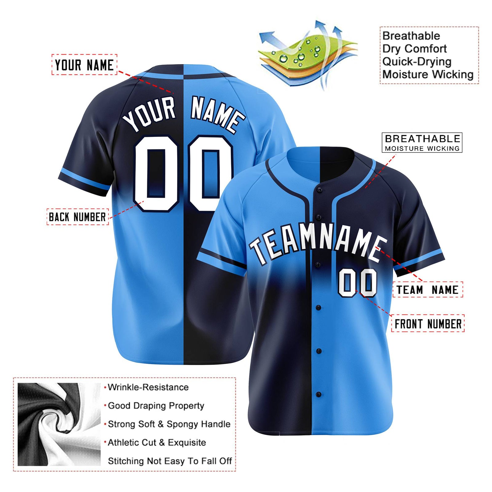 Custom Blue-Navy White Authentic Split Fashion Baseball Jersey