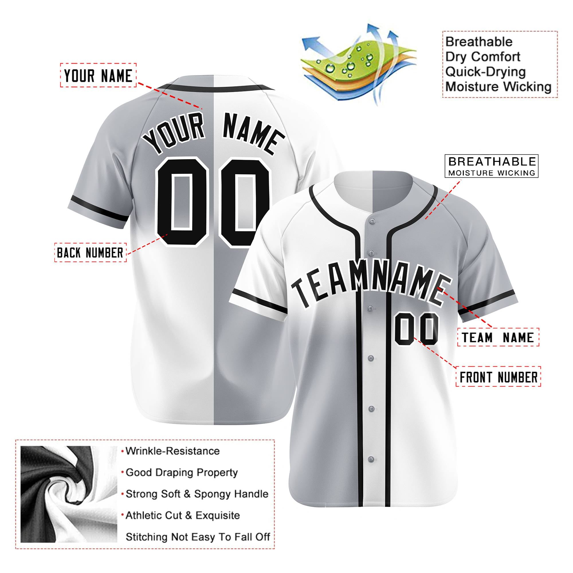 Custom Gray-White Black Authentic Split Fashion Baseball Jersey