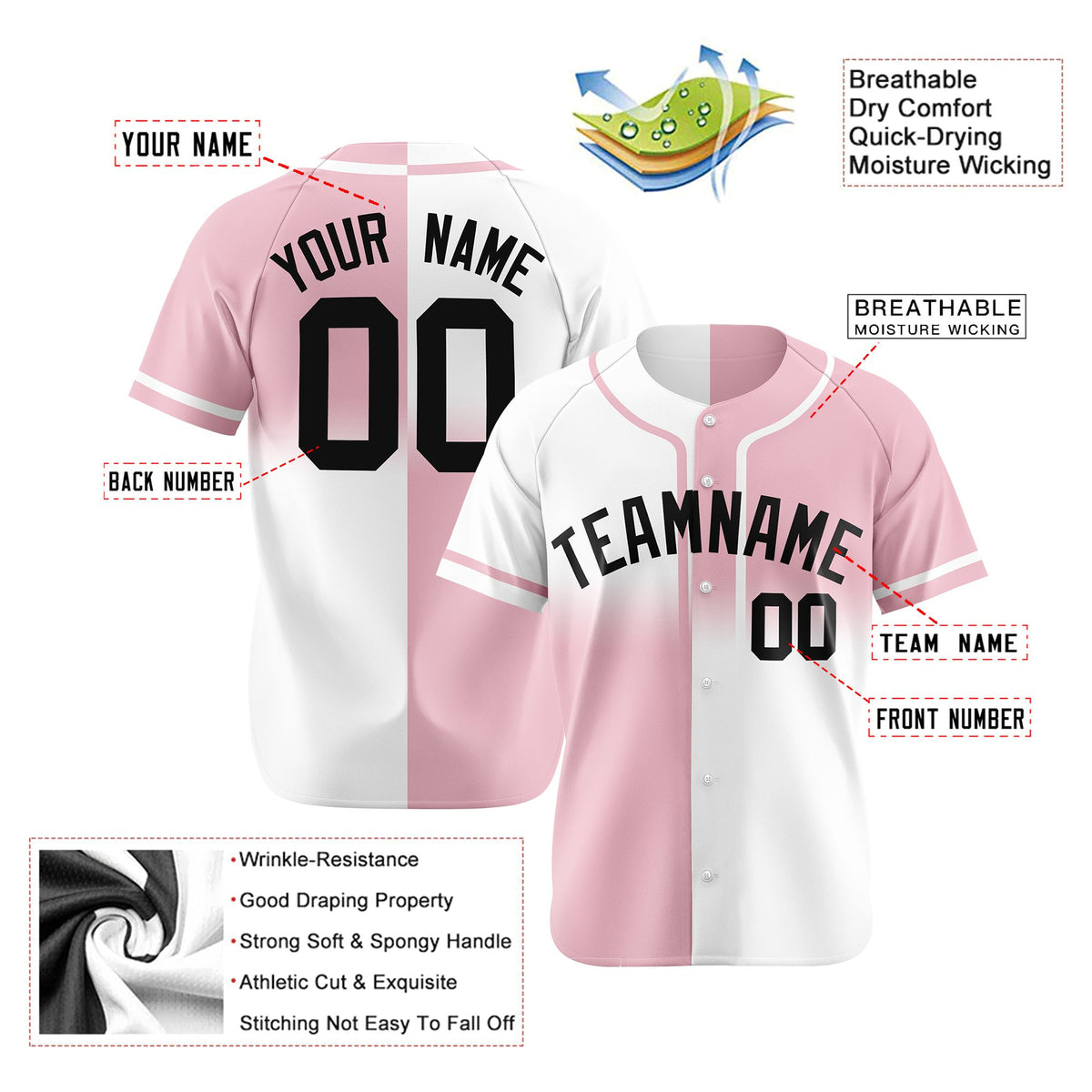 Custom Pink-White Black Authentic Split Fashion Baseball Jersey