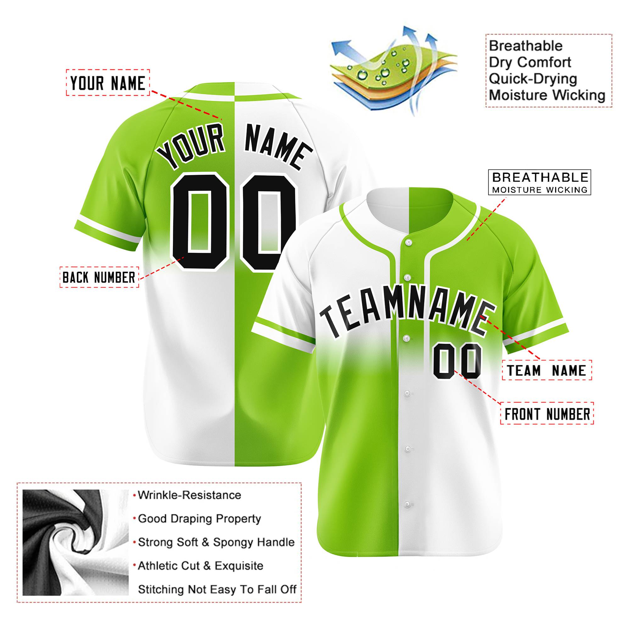 Custom Green-White Black Authentic Split Fashion Baseball Jersey