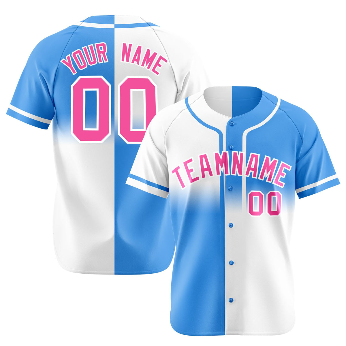 Custom Blue-White Pink Authentic Split Fashion Baseball Jersey