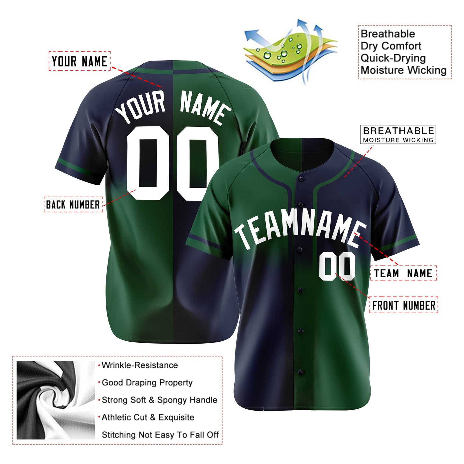 Custom Navy Green White Authentic Split Fashion Baseball Jersey