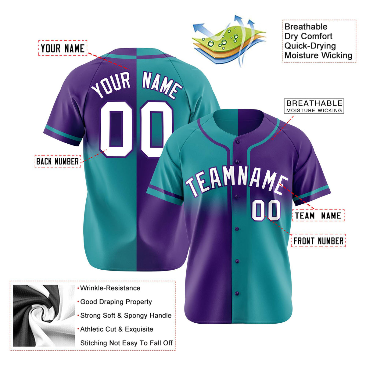 Custom Purple-Aqua Authentic Split Fashion Baseball Jersey