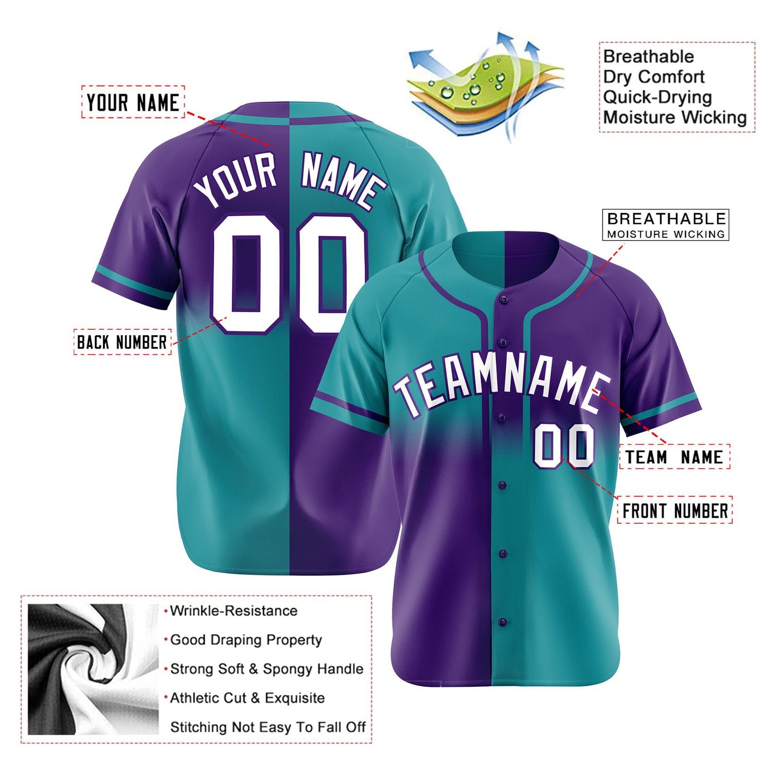 Custom Purple-Aqua Authentic Split Fashion Baseball Jersey