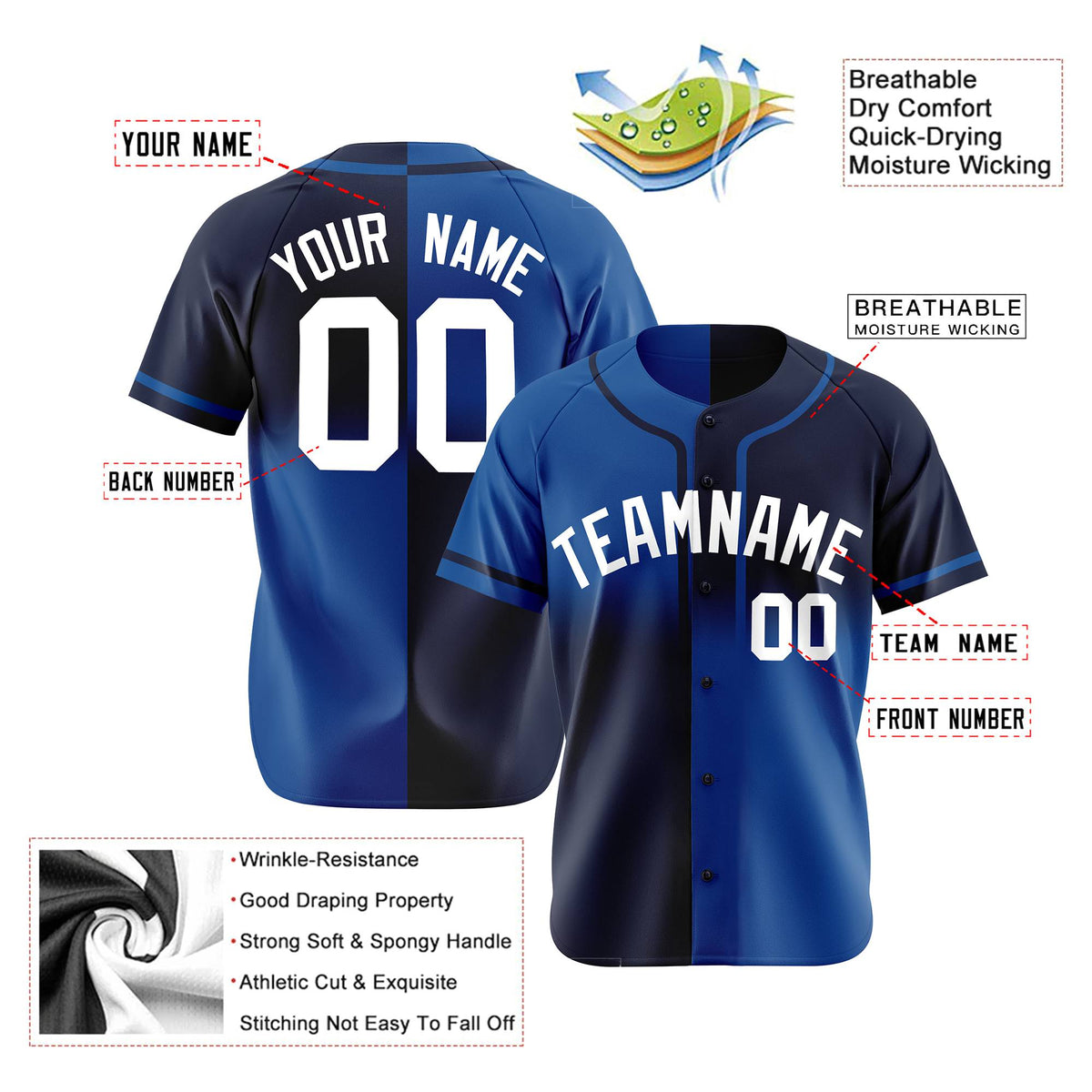 Custom Navy-Blue White Authentic Split Fashion Baseball Jersey