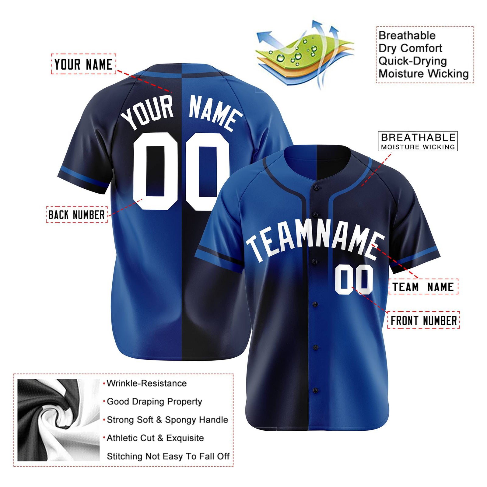 Custom Navy-Blue White Authentic Split Fashion Baseball Jersey