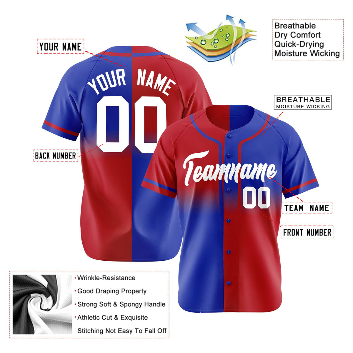 Custom Red-Blue White Authentic Split Fashion Baseball Jersey