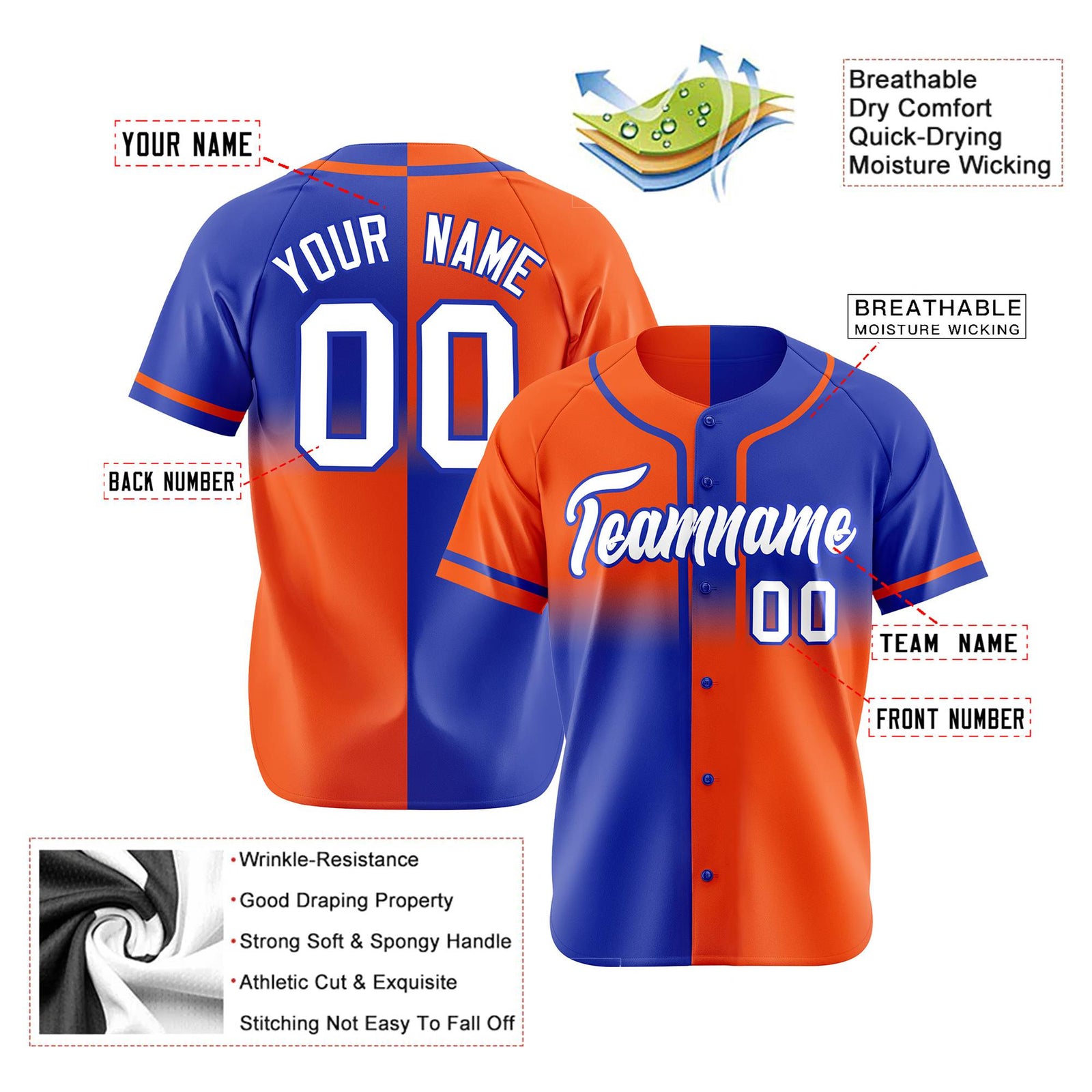 Custom Orange-Blue White Authentic Split Fashion Baseball Jersey
