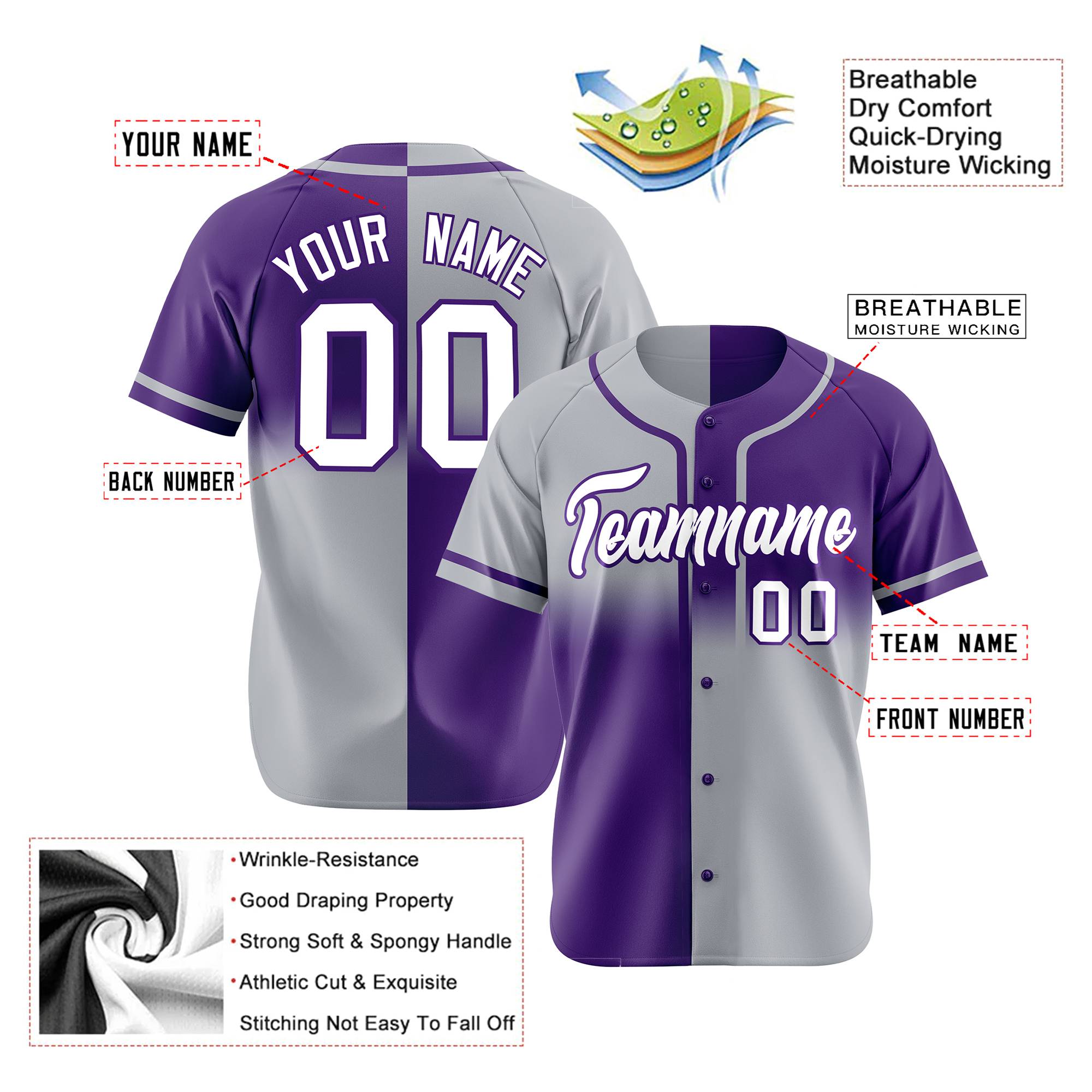 Custom Gray-Purple White Authentic Split Fashion Baseball Jersey