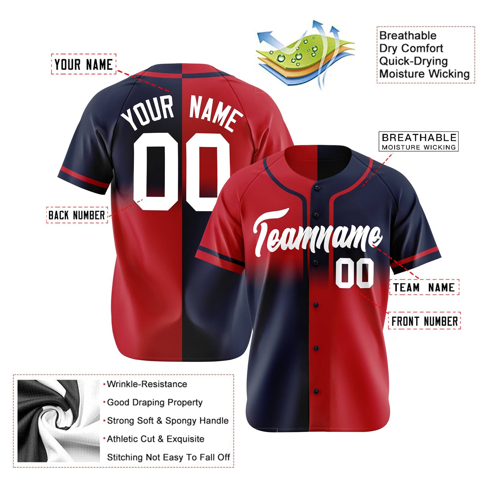 Custom Red-Navy White Authentic Split Fashion Baseball Jersey