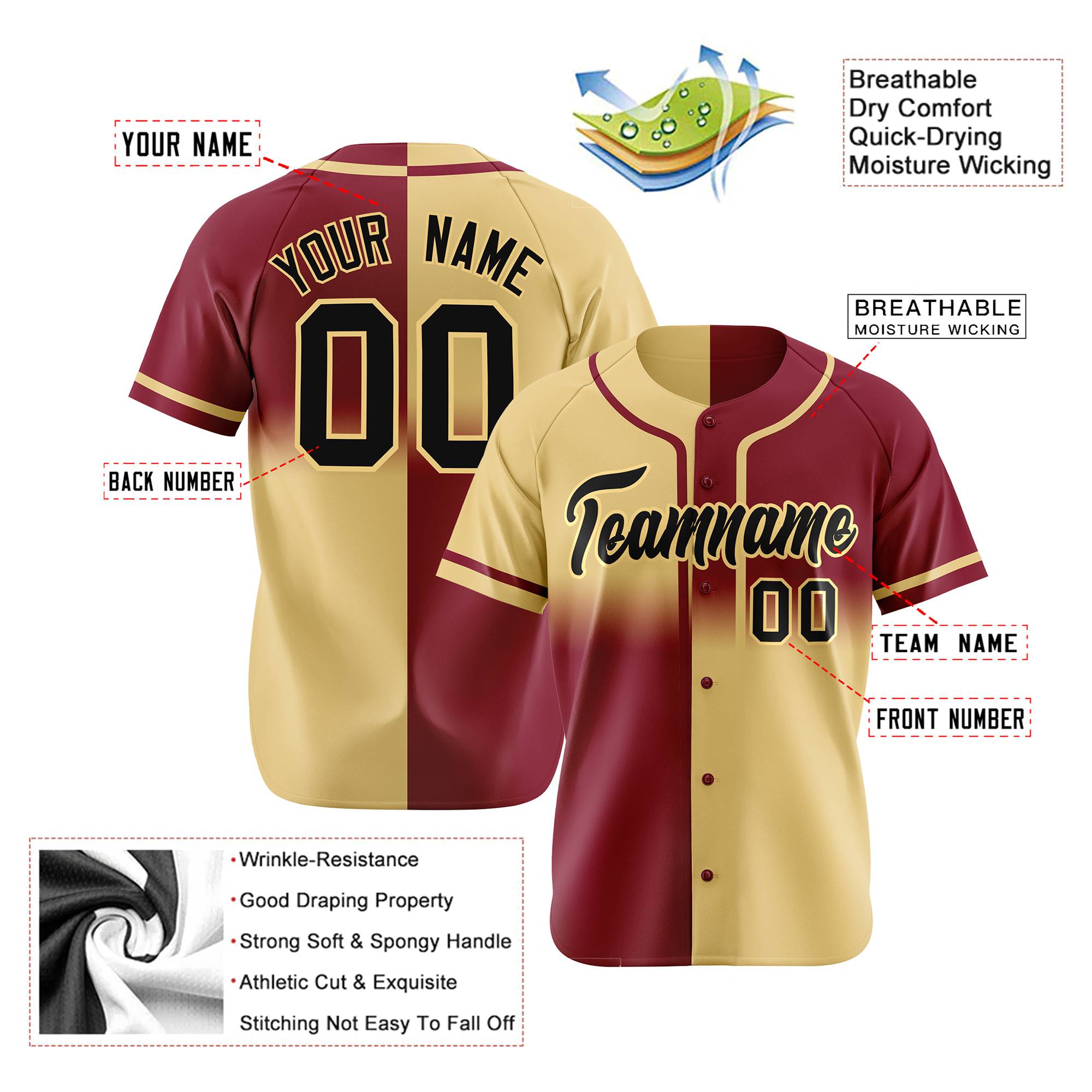 Custom Crimson Khaki Black Authentic Split Fashion Baseball Jersey