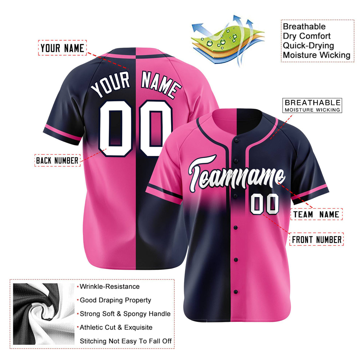 Custom Pink-Navy White Authentic Split Fashion Baseball Jersey