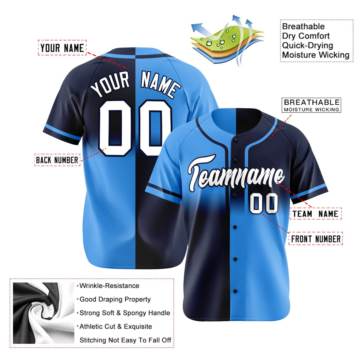 Custom Blue-Navy White Authentic Split Fashion Baseball Jersey