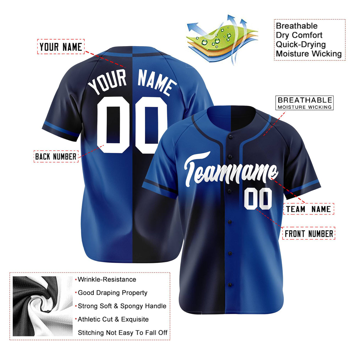 Custom Navy-Blue White Authentic Split Fashion Baseball Jersey