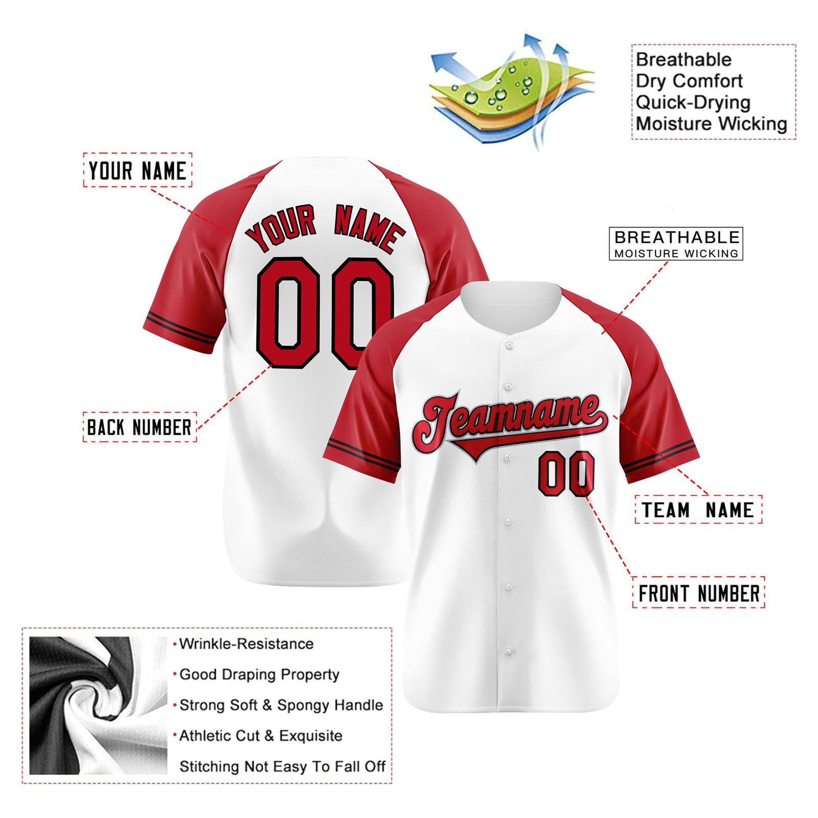 Custom White Red Authentic Raglan Sleeves Baseball Jersey