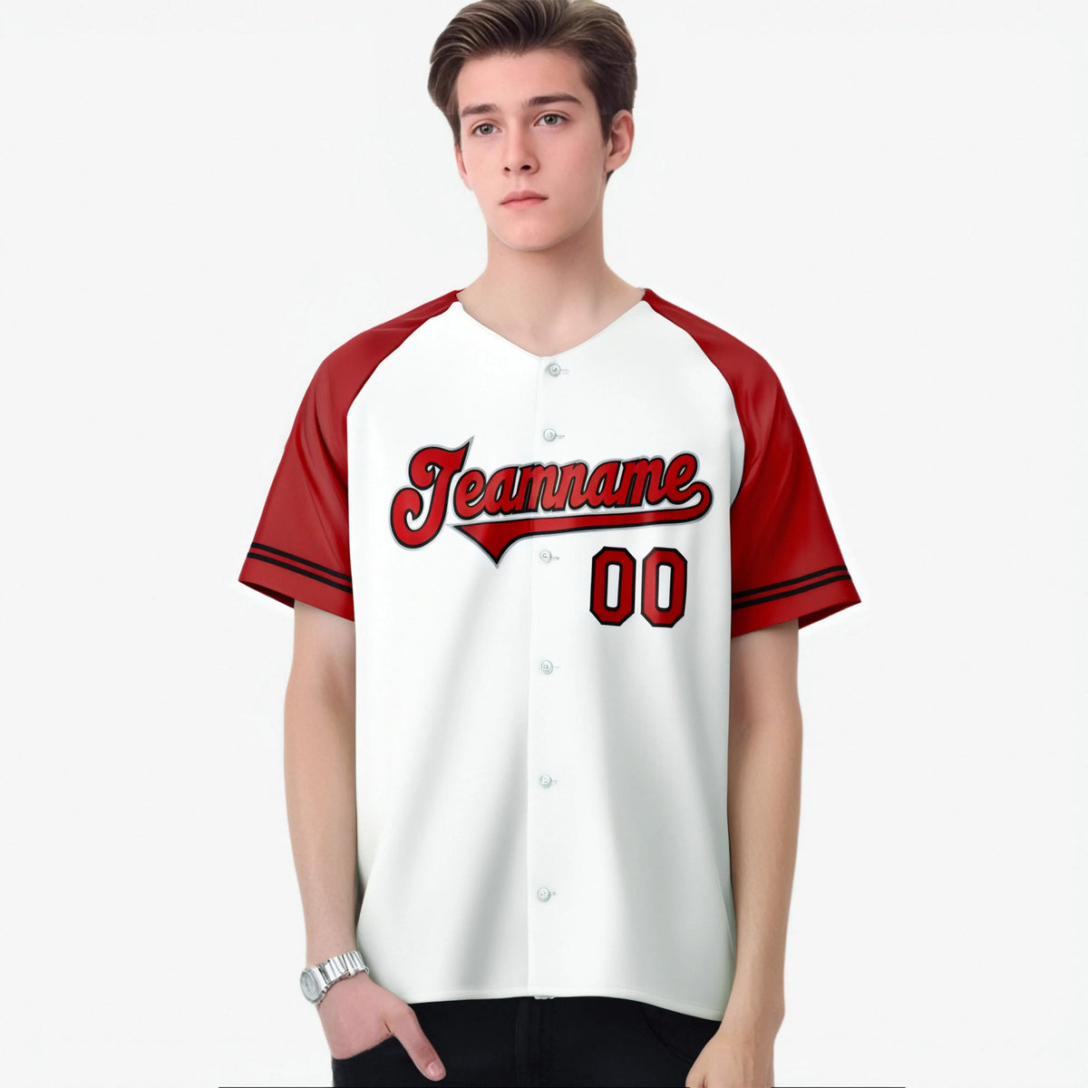 Custom White Red Authentic Raglan Sleeves Baseball Jersey