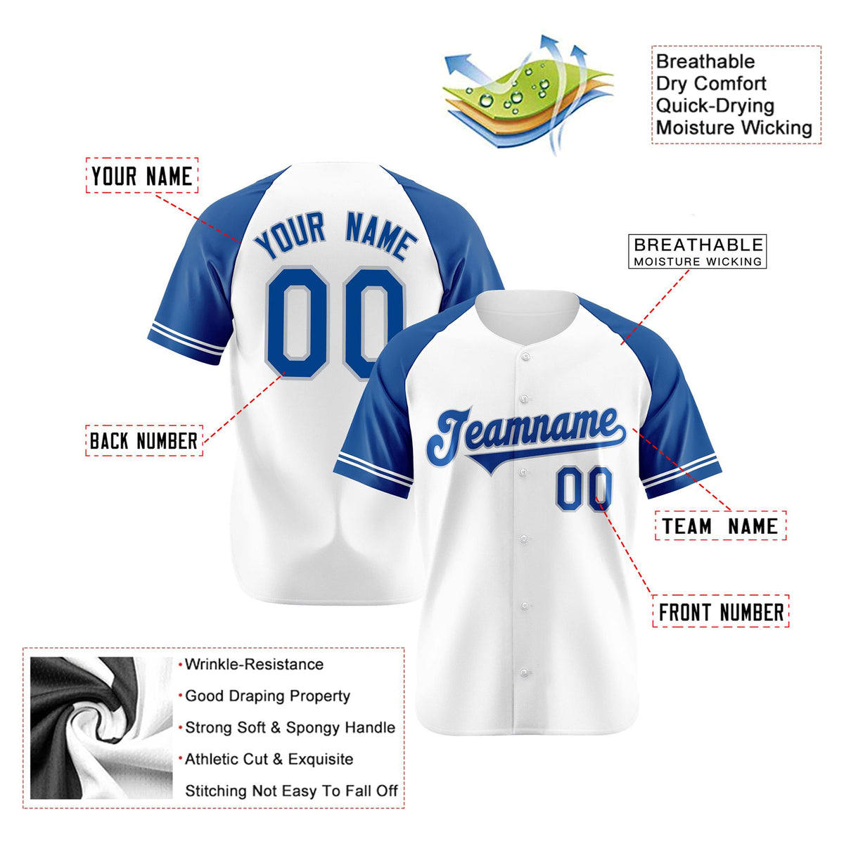 Custom White Royal Blue Authentic Raglan Sleeves Baseball Jersey