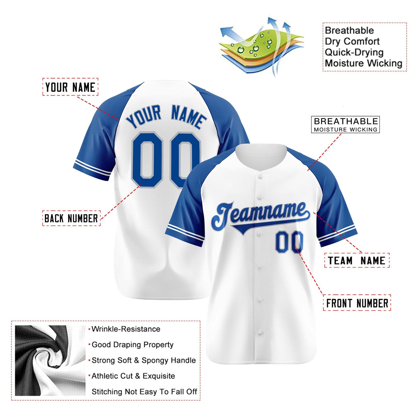 Custom White Royal Blue Authentic Raglan Sleeves Baseball Jersey