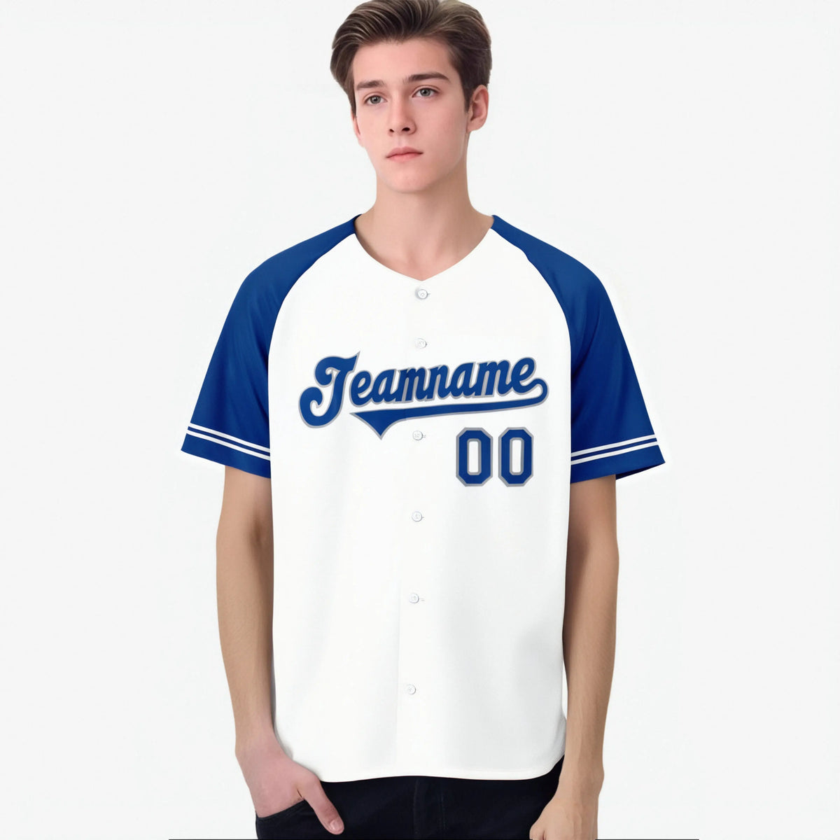 Custom White Royal Blue Authentic Raglan Sleeves Baseball Jersey