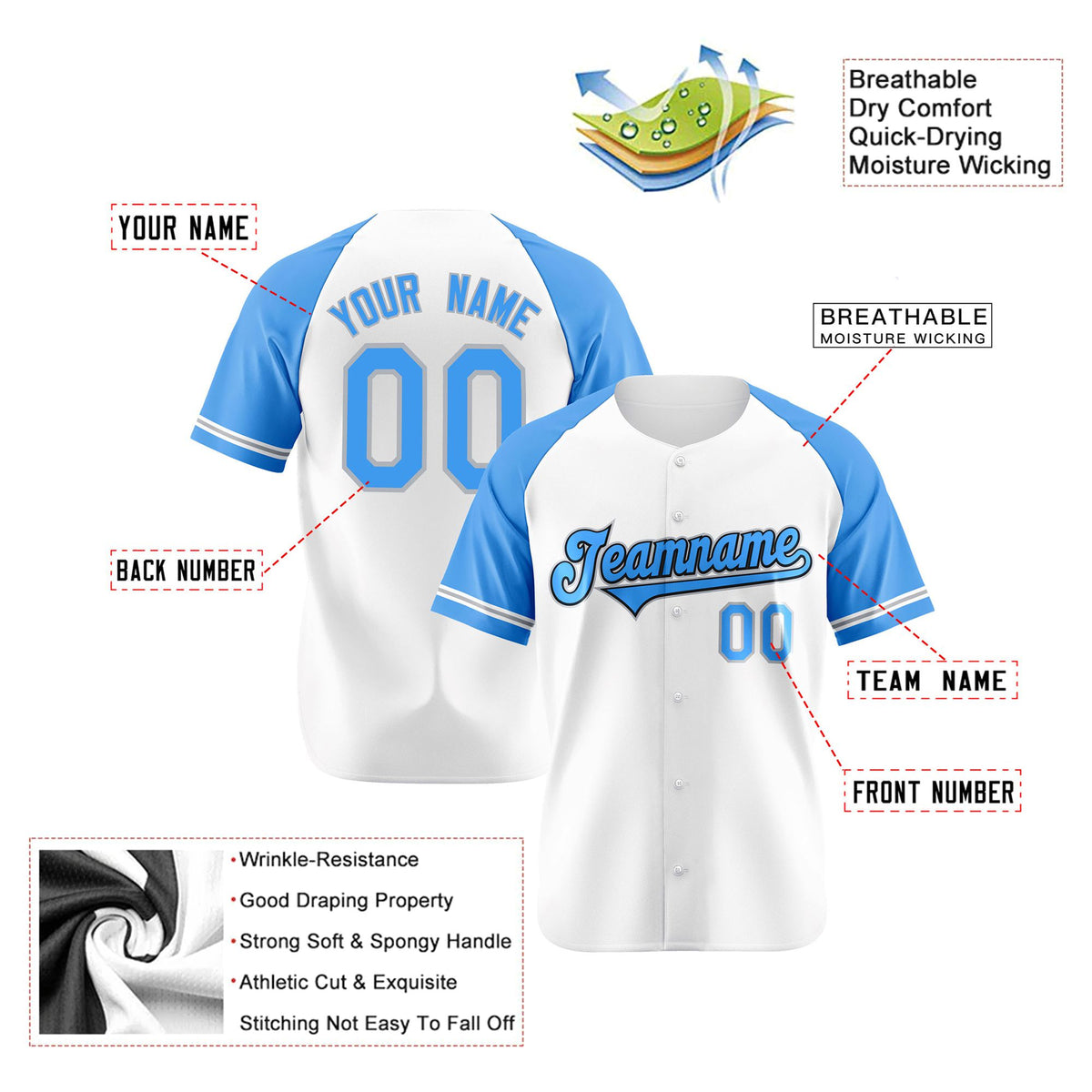 Custom White Light-Blue Authentic Raglan Sleeves Baseball Jersey