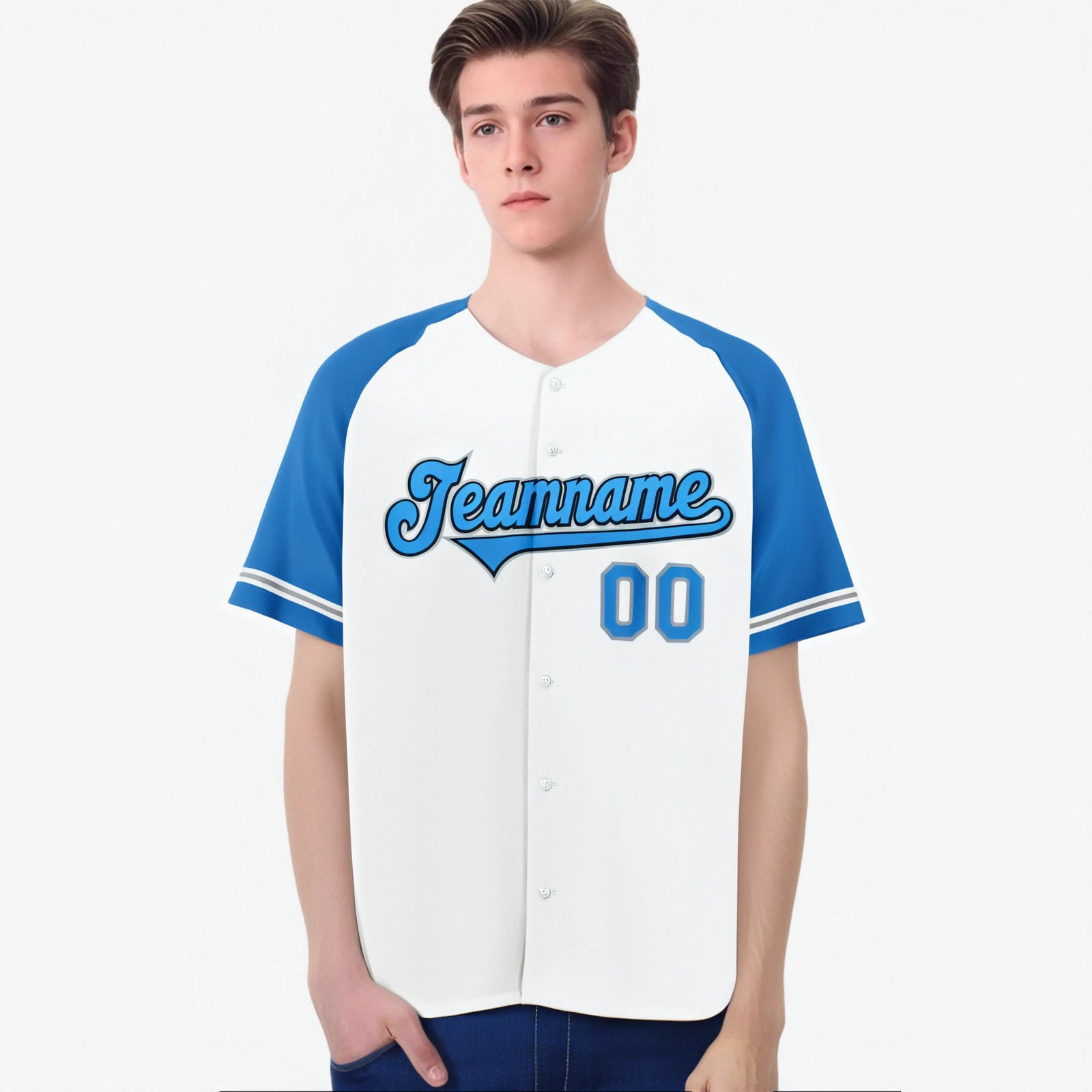 Custom White Light-Blue Authentic Raglan Sleeves Baseball Jersey