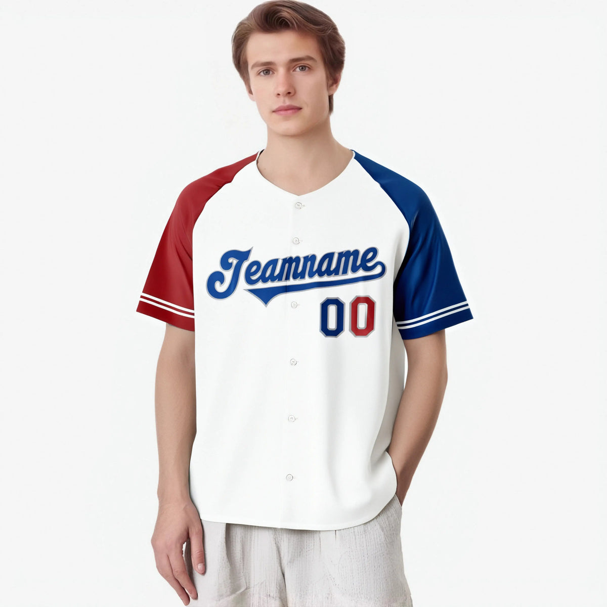 Custom White Red-Blue Authentic Raglan Sleeves Baseball Jersey